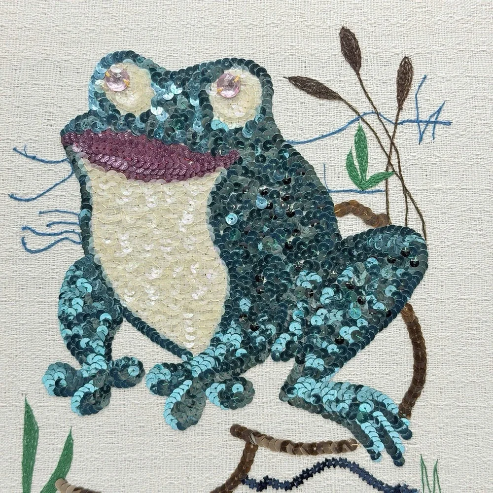 Sequenced Embriored Frog Wood Framed Wall Hanging Cottage MCM 70s 80s Granny